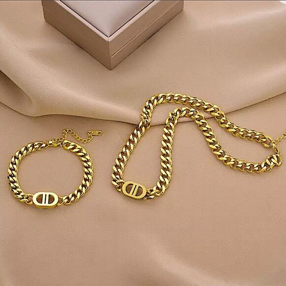 Stampd Jewelry - Double D Gold Plated Stainless Steel Necklace Matching Bracelet Set